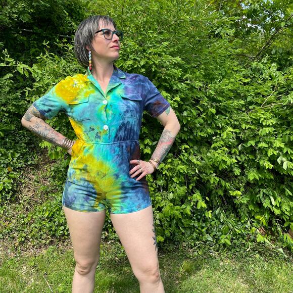 Ice Dyed Romper - Tie Dyed Upcycled - Pockets Soft Summer Spring (Women's Small) - Picture 1 of 14
